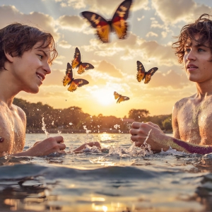 The Beautiful & Handsome Men Art Collection, A high-resolution photograph of two handsome best friends, half submerged in water, covered in body paint. Butterfly's flying about, as they spend time together, with a smile on their faces.
