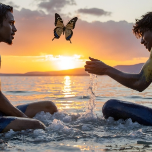 The Beautiful & Handsome Men Art Collection, A high-resolution photograph of two handsome best friends, half submerged in water, covered in body paint. Butterfly's flying about, as they spend time together, with a smile on their faces.