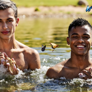The Beautiful & Handsome Men Art Collection, A high-resolution photograph of two handsome best friends, half submerged in water, covered in body paint. Butterfly's flying about, as they spend time together, with a smile on their faces.