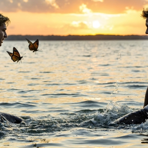 The Beautiful & Handsome Men Art Collection, A high-resolution photograph of two handsome best friends, half submerged in water, covered in body paint. Butterfly's flying about, as they spend time together, with a smile on their faces.
