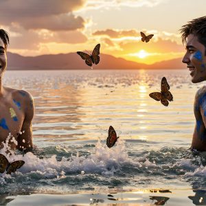 The Beautiful & Handsome Men Art Collection, A high-resolution photograph of two handsome best friends, half submerged in water, covered in body paint. Butterfly's flying about, as they spend time together, with a smile on their faces.