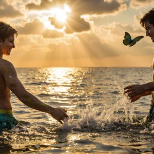 The Beautiful & Handsome Men Art Collection, A high-resolution photograph of two handsome best friends, half submerged in water, covered in body paint. Butterfly's flying about, as they spend time together, with a smile on their faces.