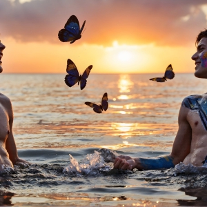 The Beautiful & Handsome Men Art Collection, A high-resolution photograph of two handsome best friends, half submerged in water, covered in body paint. Butterfly's flying about, as they spend time together, with a smile on their faces.