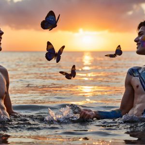 The Beautiful & Handsome Men Art Collection, A high-resolution photograph of two handsome best friends, half submerged in water, covered in body paint. Butterfly's flying about, as they spend time together, with a smile on their faces.