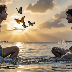 The Beautiful & Handsome Men Art Collection, A high-resolution photograph of two handsome best friends, half submerged in water, covered in body paint. Butterfly's flying about, as they spend time together, with a smile on their faces.