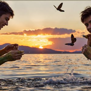 The Beautiful & Handsome Men Art Collection, A high-resolution photograph of two handsome best friends, half submerged in water, covered in body paint. Butterfly's flying about, as they spend time together, with a smile on their faces.