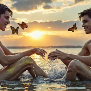 The Beautiful & Handsome Men Art Collection, A high-resolution photograph of two handsome best friends, half submerged in water, covered in body paint. Butterfly's flying about, as they spend time together, with a smile on their faces.
