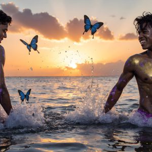 The Beautiful & Handsome Men Art Collection, A high-resolution photograph of two handsome best friends, half submerged in water, covered in body paint. Butterfly's flying about, as they spend time together, with a smile on their faces.