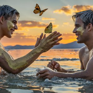 The Beautiful & Handsome Men Art Collection, A high-resolution photograph of two handsome best friends, half submerged in water, covered in body paint. Butterfly's flying about, as they spend time together, with a smile on their faces.