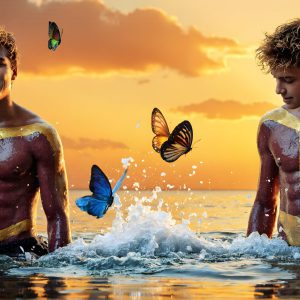 The Beautiful & Handsome Men Art Collection, A high-resolution photograph of two handsome best friends, half submerged in water, covered in body paint. Butterfly's flying about, as they spend time together, with a smile on their faces.