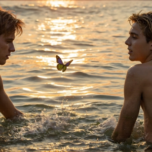 The Beautiful & Handsome Men Art Collection, A high-resolution photograph of two handsome best friends, half submerged in water, covered in body paint. Butterfly's flying about, as they spend time together, with a smile on their faces.
