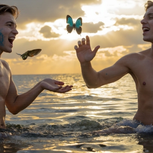 The Beautiful & Handsome Men Art Collection, A high-resolution photograph of two handsome best friends, half submerged in water, covered in body paint. Butterfly's flying about, as they spend time together, with a smile on their faces.