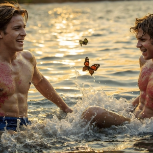 The Beautiful & Handsome Men Art Collection, A high-resolution photograph of two handsome best friends, half submerged in water, covered in body paint. Butterfly's flying about, as they spend time together, with a smile on their faces.