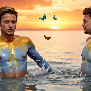 The Beautiful & Handsome Men Art Collection, A high-resolution photograph of two handsome best friends, half submerged in water, covered in body paint. Butterfly's flying about, as they spend time together, with a smile on their faces.