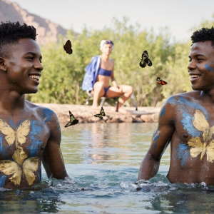 The Beautiful & Handsome Men Art Collection, A high-resolution photograph of two handsome best friends, half submerged in water, covered in body paint. Butterfly's flying about, as they spend time together, with a smile on their faces.