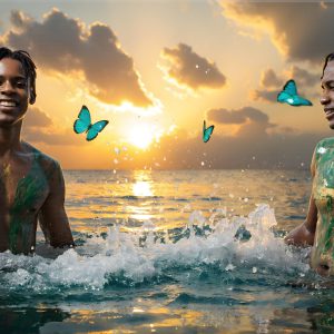 The Beautiful & Handsome Men Art Collection, A high-resolution photograph of two handsome best friends, half submerged in water, covered in body paint. Butterfly's flying about, as they spend time together, with a smile on their faces.