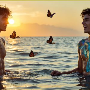 The Beautiful & Handsome Men Art Collection, A high-resolution photograph of two handsome best friends, half submerged in water, covered in body paint. Butterfly's flying about, as they spend time together, with a smile on their faces.
