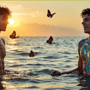 The Beautiful & Handsome Men Art Collection, A high-resolution photograph of two handsome best friends, half submerged in water, covered in body paint. Butterfly's flying about, as they spend time together, with a smile on their faces.