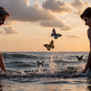 The Beautiful & Handsome Men Art Collection, A high-resolution photograph of two handsome best friends, half submerged in water, covered in body paint. Butterfly's flying about, as they spend time together, with a smile on their faces.