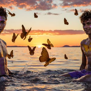 The Beautiful & Handsome Men Art Collection, A high-resolution photograph of two handsome best friends, half submerged in water, covered in body paint. Butterfly's flying about, as they spend time together, with a smile on their faces.