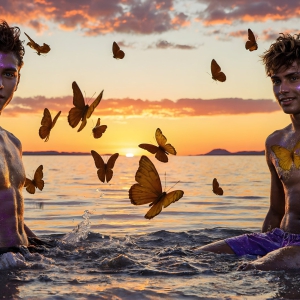 The Beautiful & Handsome Men Art Collection, A high-resolution photograph of two handsome best friends, half submerged in water, covered in body paint. Butterfly's flying about, as they spend time together, with a smile on their faces.