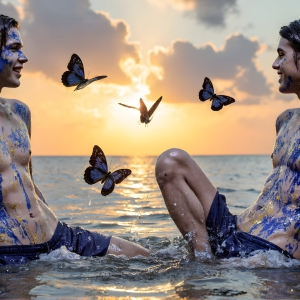The Beautiful & Handsome Men Art Collection, A high-resolution photograph of two handsome best friends, half submerged in water, covered in body paint. Butterfly's flying about, as they spend time together, with a smile on their faces.