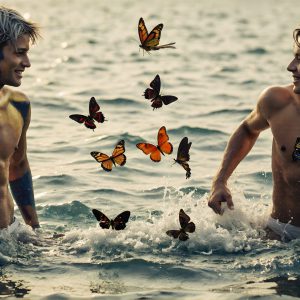 The Beautiful & Handsome Men Art Collection, A high-resolution photograph of two handsome best friends, half submerged in water, covered in body paint. Butterfly's flying about, as they spend time together, with a smile on their faces.