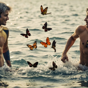 The Beautiful & Handsome Men Art Collection, A high-resolution photograph of two handsome best friends, half submerged in water, covered in body paint. Butterfly's flying about, as they spend time together, with a smile on their faces.