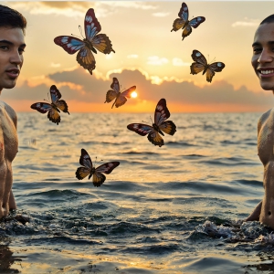 The Beautiful & Handsome Men Art Collection, A high-resolution photograph of two handsome best friends, half submerged in water, covered in body paint. Butterfly's flying about, as they spend time together, with a smile on their faces.