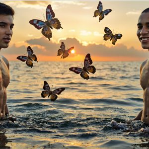The Beautiful & Handsome Men Art Collection, A high-resolution photograph of two handsome best friends, half submerged in water, covered in body paint. Butterfly's flying about, as they spend time together, with a smile on their faces.