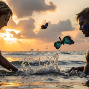 The Beautiful & Handsome Men Art Collection, A high-resolution photograph of two handsome best friends, half submerged in water, covered in body paint. Butterfly's flying about, as they spend time together, with a smile on their faces.