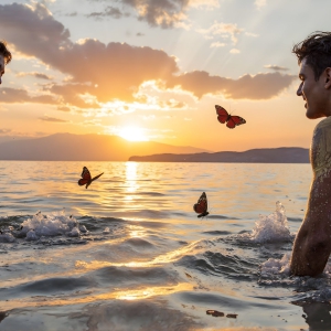 The Beautiful & Handsome Men Art Collection, A high-resolution photograph of two handsome best friends, half submerged in water, covered in body paint. Butterfly's flying about, as they spend time together, with a smile on their faces.