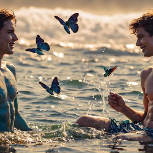 The Beautiful & Handsome Men Art Collection, A high-resolution photograph of two handsome best friends, half submerged in water, covered in body paint. Butterfly's flying about, as they spend time together, with a smile on their faces.