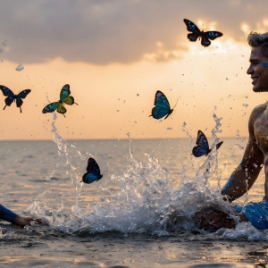 The Beautiful & Handsome Men Art Collection, A high-resolution photograph of two handsome best friends, half submerged in water, covered in body paint. Butterfly's flying about, as they spend time together, with a smile on their faces.