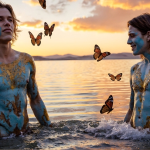 The Beautiful & Handsome Men Art Collection, A high-resolution photograph of two handsome best friends, half submerged in water, covered in body paint. Butterfly's flying about, as they spend time together, with a smile on their faces.