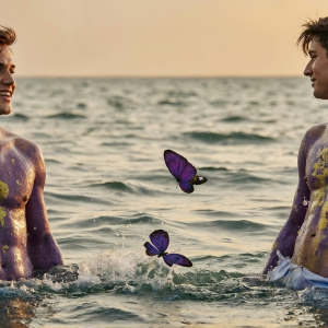 The Beautiful & Handsome Men Art Collection, A high-resolution photograph of two handsome best friends, half submerged in water, covered in body paint. Butterfly's flying about, as they spend time together, with a smile on their faces.