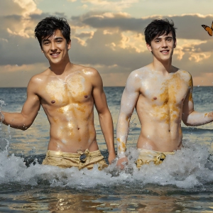 The Beautiful & Handsome Men Art Collection, A high-resolution photograph of two handsome best friends, half submerged in water, covered in body paint. Butterfly's flying about, as they spend time together, with a smile on their faces.