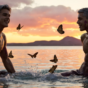 The Beautiful & Handsome Men Art Collection, A high-resolution photograph of two handsome best friends, half submerged in water, covered in body paint. Butterfly's flying about, as they spend time together, with a smile on their faces.