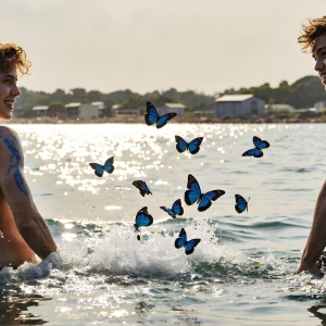 The Beautiful & Handsome Men Art Collection, A high-resolution photograph of two handsome best friends, half submerged in water, covered in body paint. Butterfly's flying about, as they spend time together, with a smile on their faces.