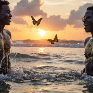 The Beautiful & Handsome Men Art Collection, A high-resolution photograph of two handsome best friends, half submerged in water, covered in body paint. Butterfly's flying about, as they spend time together, with a smile on their faces.