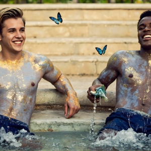 The Beautiful & Handsome Men Art Collection, A high-resolution photograph of two handsome best friends, half submerged in water, covered in body paint. Butterfly's flying about, as they spend time together, with a smile on their faces.