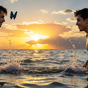 The Beautiful & Handsome Men Art Collection, A high-resolution photograph of two handsome best friends, half submerged in water, covered in body paint. Butterfly's flying about, as they spend time together, with a smile on their faces.