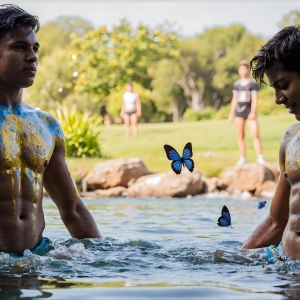 The Beautiful & Handsome Men Art Collection, A high-resolution photograph of two handsome best friends, half submerged in water, covered in body paint. Butterfly's flying about, as they spend time together, with a smile on their faces.