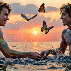 The Beautiful & Handsome Men Art Collection, A high-resolution photograph of two handsome best friends, half submerged in water, covered in body paint. Butterfly's flying about, as they spend time together, with a smile on their faces.