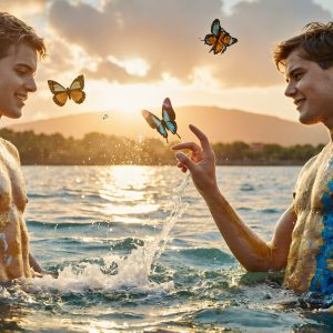 The Beautiful & Handsome Men Art Collection, A high-resolution photograph of two handsome best friends, half submerged in water, covered in body paint. Butterfly's flying about, as they spend time together, with a smile on their faces.