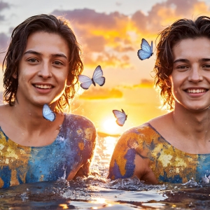 The Beautiful & Handsome Men Art Collection, A high-resolution photograph of two handsome best friends, half submerged in water, covered in body paint. Butterfly's flying about, as they spend time together, with a smile on their faces.