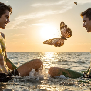 The Beautiful & Handsome Men Art Collection, A high-resolution photograph of two handsome best friends, half submerged in water, covered in body paint. Butterfly's flying about, as they spend time together, with a smile on their faces.