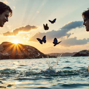 The Beautiful & Handsome Men Art Collection, A high-resolution photograph of two handsome best friends, half submerged in water, covered in body paint. Butterfly's flying about, as they spend time together, with a smile on their faces.