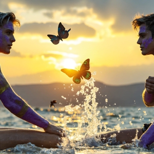 The Beautiful & Handsome Men Art Collection, A high-resolution photograph of two handsome best friends, half submerged in water, covered in body paint. Butterfly's flying about, as they spend time together, with a smile on their faces.