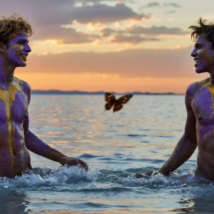 The Beautiful & Handsome Men Art Collection, A high-resolution photograph of two handsome best friends, half submerged in water, covered in body paint. Butterfly's flying about, as they spend time together, with a smile on their faces.